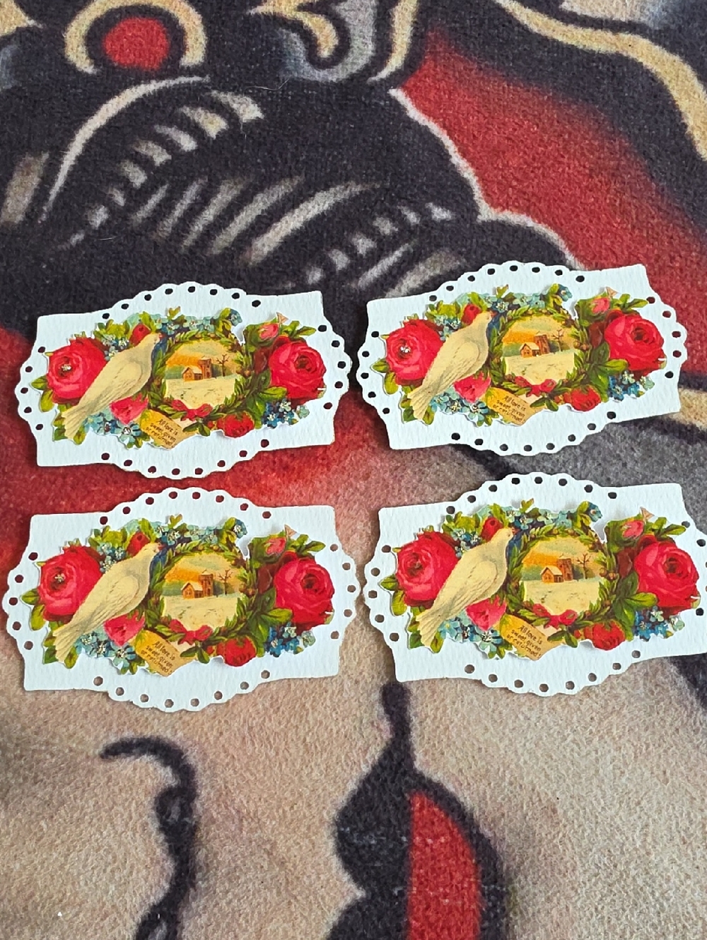 Vintage Die-Cut Bird & Rose  - Set of 4 Victorian Calling Cards Reproduction